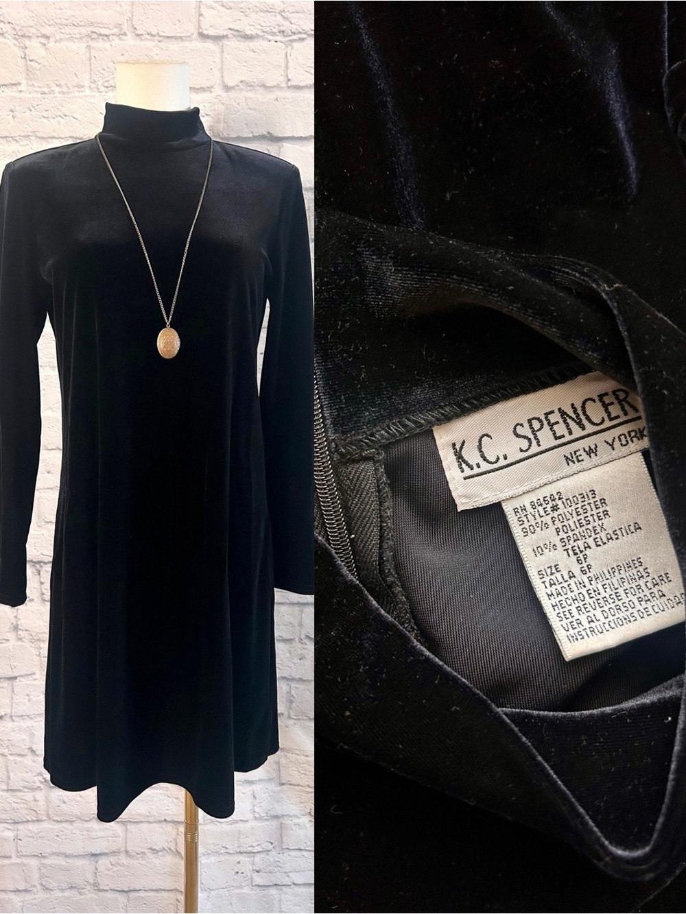 K.C. Spencer Vintage 90s Black Velvet Mini Dress Mock Neck Long Sleeves Goth